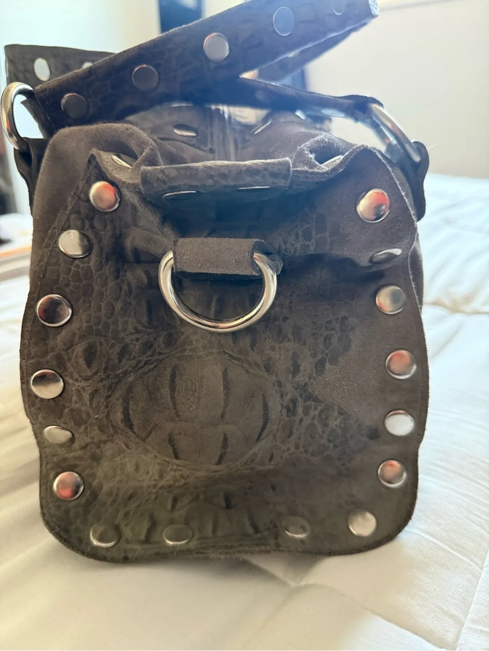 Hammitt Westwood Satchel in grey croc leather and suede
